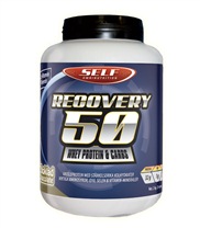 Recovery 50 fr�n Self Omninutrition. Vassleprotein, st�rkelserika kolhydrater, viktiga aminosyror Q10, selen och samtliga vitaminer och mineraler.