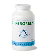 SuperGreens fr�n Helhetsh�lsa. SuperGreens inneh�ller levande enzymer, antioxidanter, mineraler och annan n�ring som bildar basiska restprodukter.