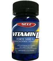 Vitamin D fr�n Self Omninutrition. Mest k�nt �r D-vitamin f�r att det �kar upptaget av kalcium och st�rker skelettet.