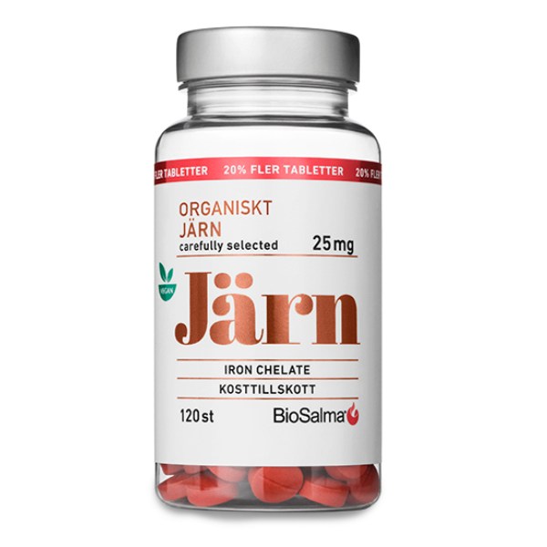 BioSalma Organiskt Järn 25mg Kelaterat, 120 tabl | Vitamin & Mineraltillskott - Mineraler - Järntillskott | Gymkraft