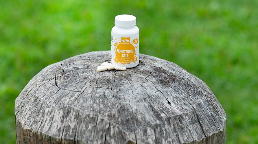 Healthwell Bidrottninggel str tillsammans med ngra kapslar, uppe p en stor, gr trple med grnt grs i bakgrunden.