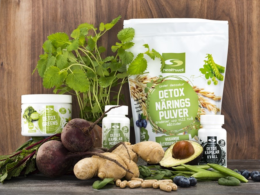 Detox Greens, Detox Näringspulver, Detox Kapslar och grönsaker för detox.