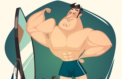 Tecknad bild på man som spänner sig framför spegeln. Tecknad bild på man som spänner sig framför spegeln.