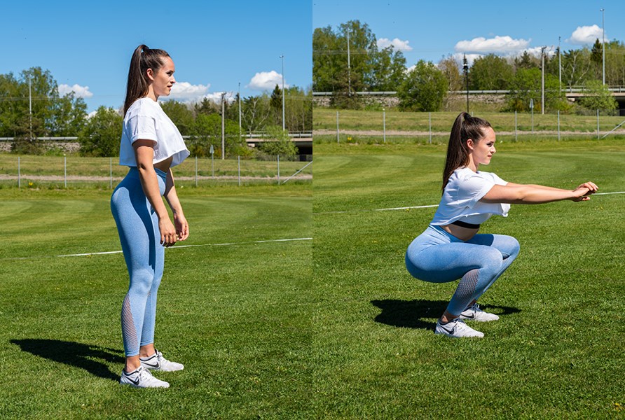 Tjej som trnar ute och gr knbj.