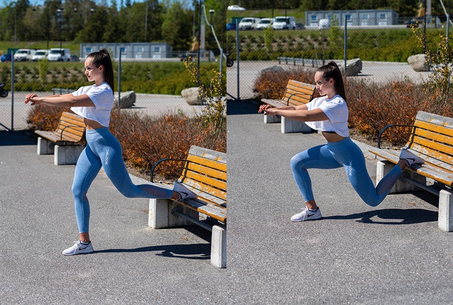 Tjej som trnar utomhus och gr bulgariska utfall.