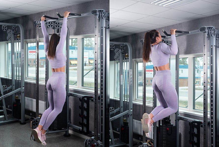 Bild på tjej som visar hur man utför träningsövningen chins. Bild på tjej som visar hur man utför träningsövningen chins.