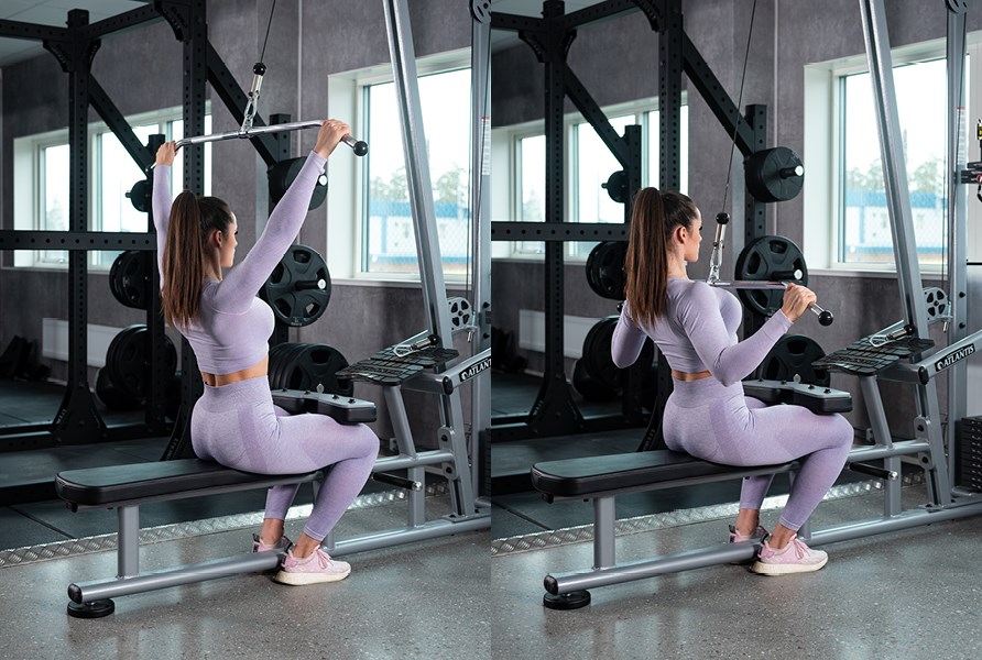 Bild på tjej som visar hur man utför träningsövningen breda latsdrag Bild på tjej som visar hur man utför träningsövningen breda latsdrag