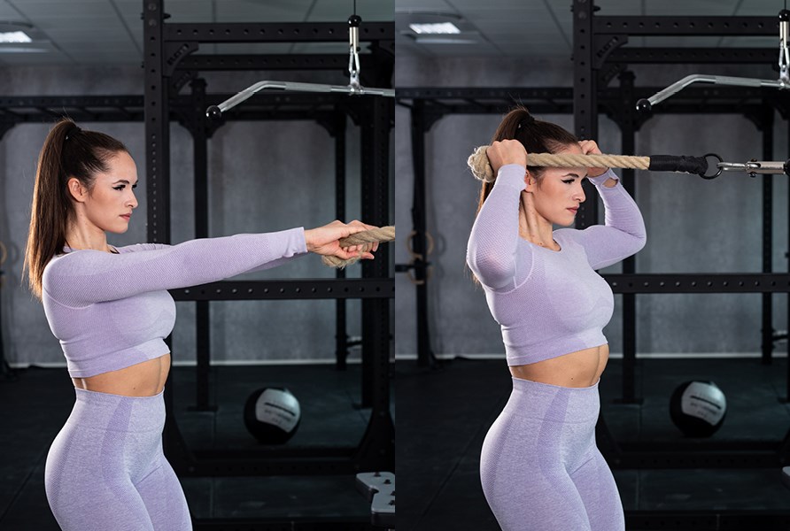 Bild p tjej som visar hur man utfr trningsvningen facepulls med rep i kabelmaskin p gymmet.