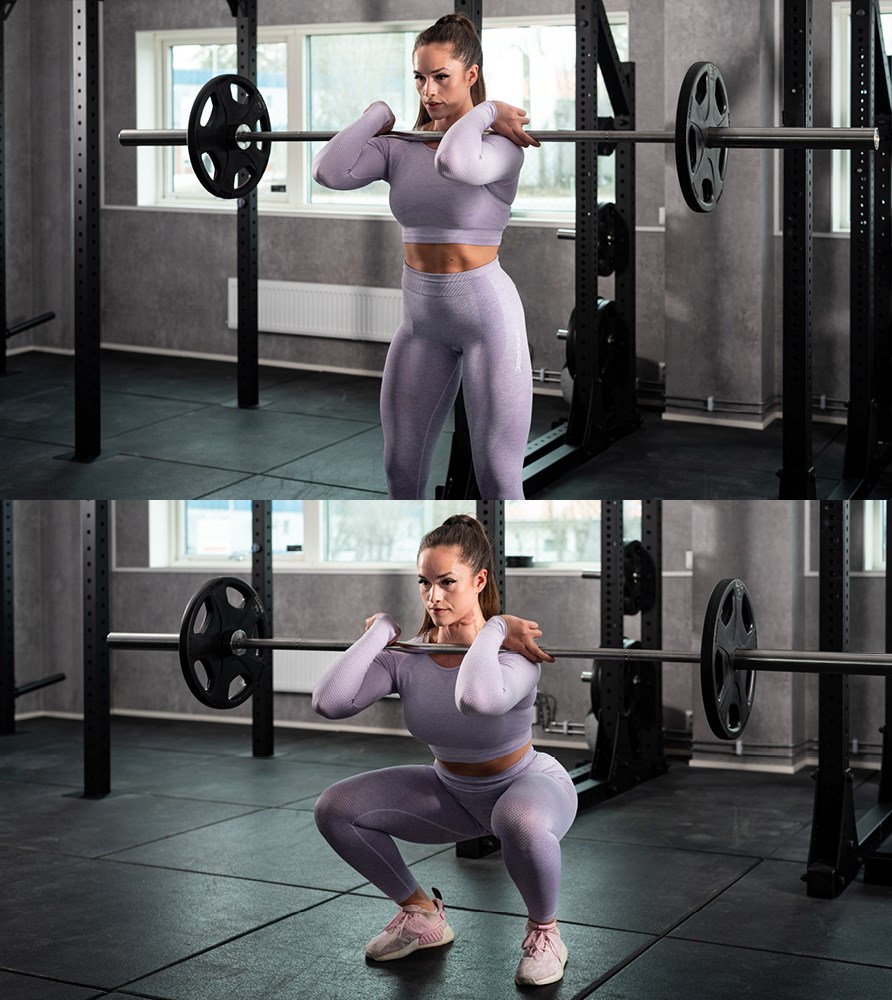 Bild på tjej som visar hur man utför träningsövningen frontböj med skivstång Bild på tjej som visar hur man utför träningsövningen frontböj med skivstång
