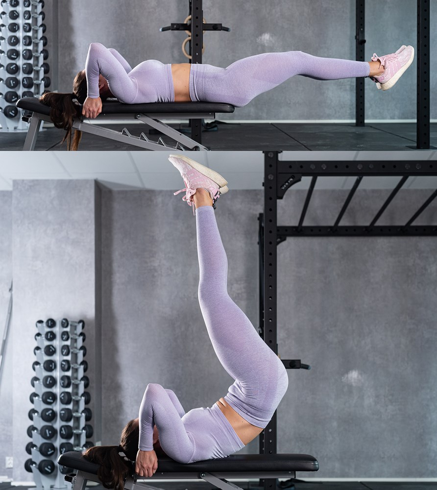 Bild på tjej som visar hur man utför träningsövningen liggande benlyft. Bild på tjej som visar hur man utför träningsövningen liggande benlyft.