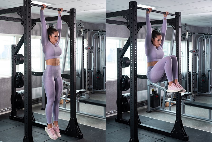 Bild på tjej som visar hur man utför övningen hängande benlyft Bild på tjej som visar hur man utför övningen hängande benlyft