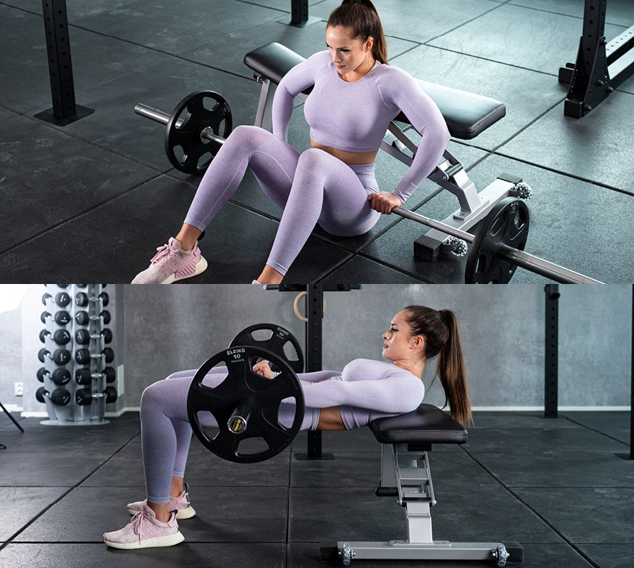 Bild p tjej som visar hur man utfr trningsvningen hip thrusters med skivstng.