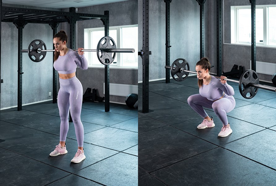 Bild p tjej som visar hur man utfr trningsvningen knbj med skivstng.