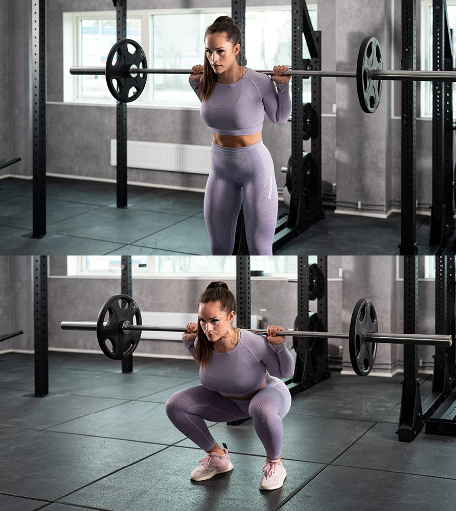 Tjej som visar hur man utför träningsövningen knäböj med stång. Tjej som visar hur man utför träningsövningen knäböj med stång.