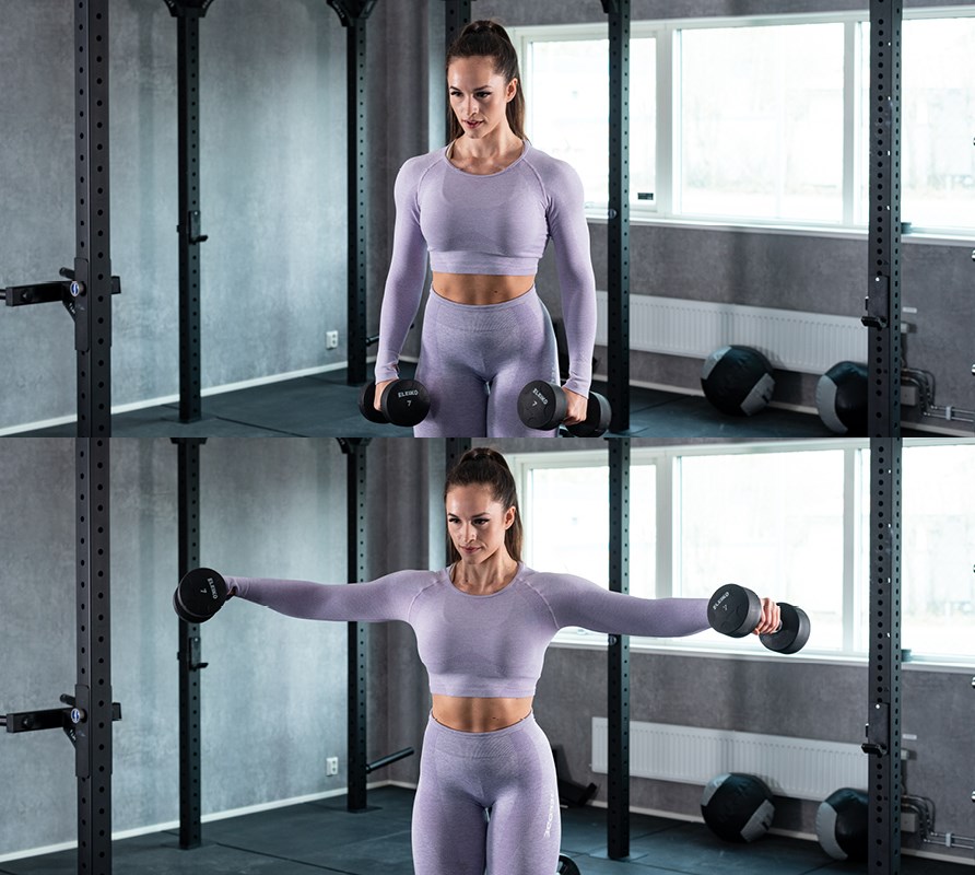 Bild p tjej som visar hur man utfr trningsvningen sidolyft med hantlar.