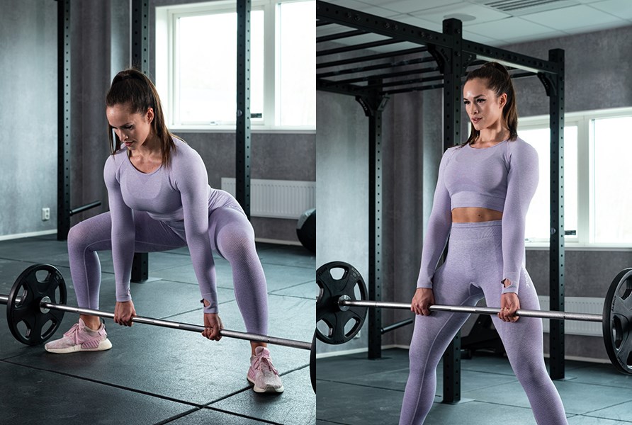 Bild på tjej som visar hur man utför träningsövningen sumomarklyft Bild på tjej som visar hur man utför träningsövningen sumomarklyft