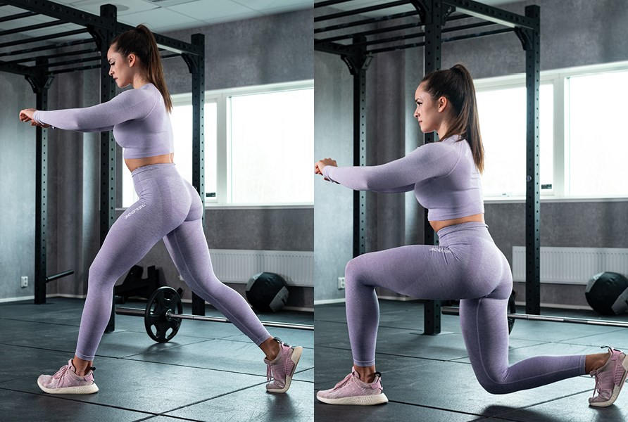 Bild på tjej som visar hur man utför träningsövningen utfall Bild på tjej som visar hur man utför träningsövningen utfall